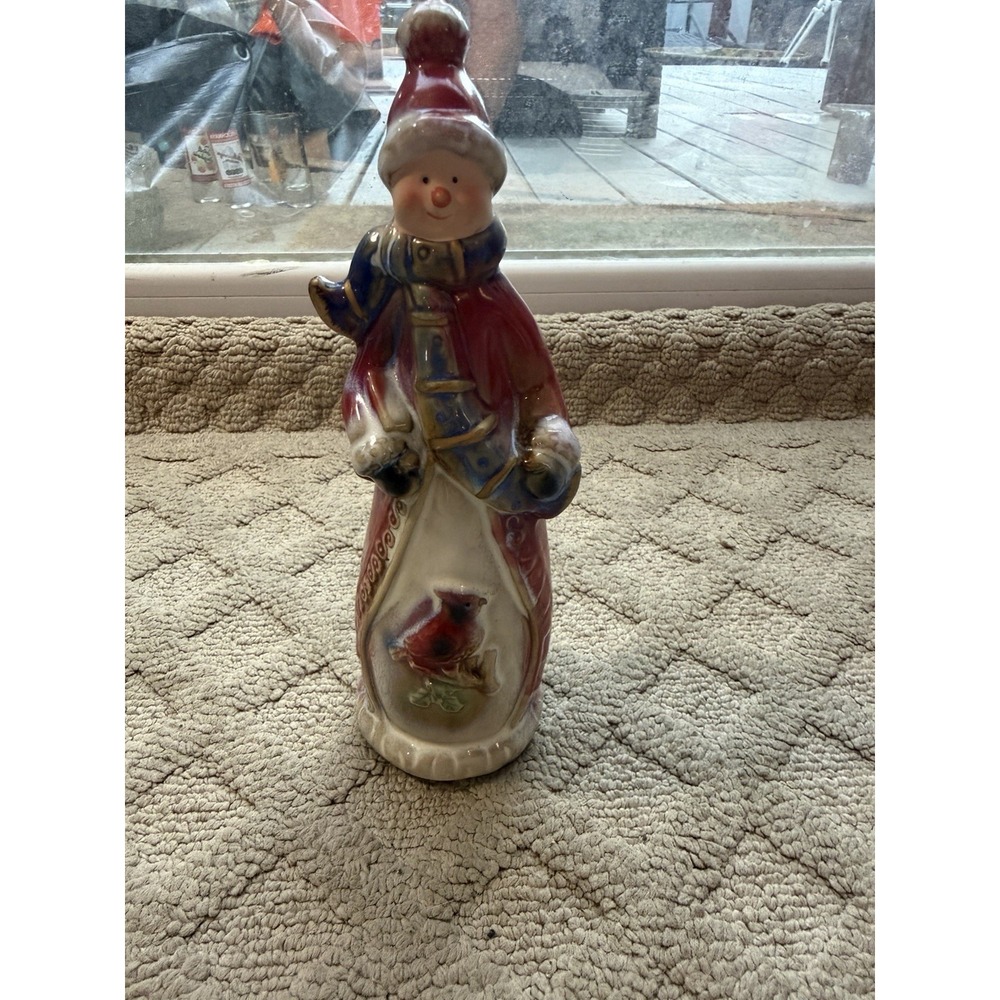 Christmas Winter Ceramic Snowman With A Cardinal Bird Glazed Shiny 8.5 In